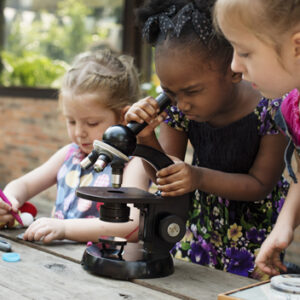 A child is using a microscope to examine nature while a second child watches and a third child is drawing.